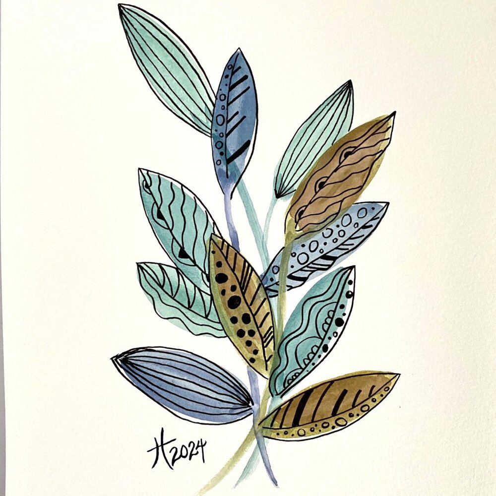 Funky Leaves Blue Green Original Watercolor Wall Art Painting 11x14in Matted